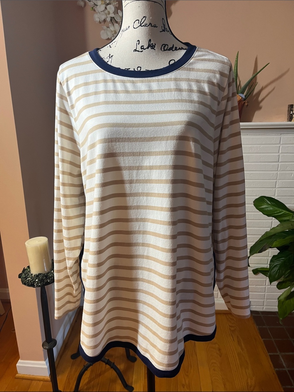 Striped Long-Sleeve Crewneck Top - Cream & Tan w/Navy Trim